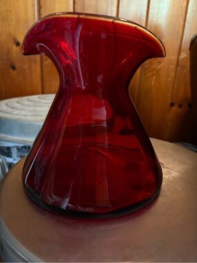 Hand Blown Red Glass Art Vase with Two Spouts Elegant Ruby Red Accent